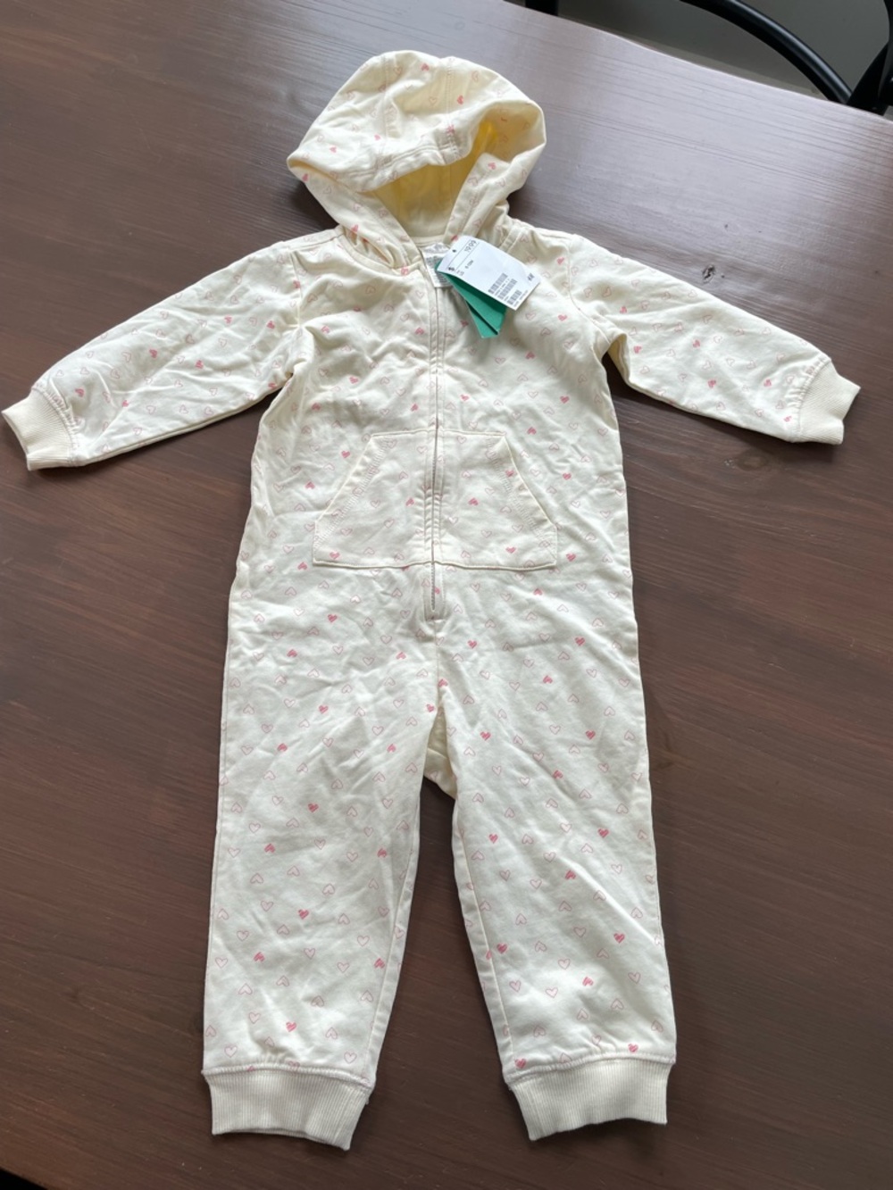 NWT H&M Ivory/Pink Hooded French Terry Organic Cotton Jumpsuit Size 9-12M